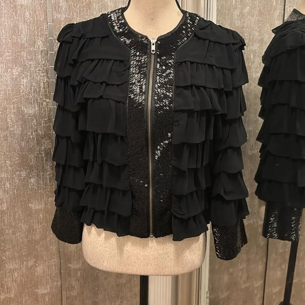French Connection 100% viscose Chic Black Ruffled/beaded Jacket, US4